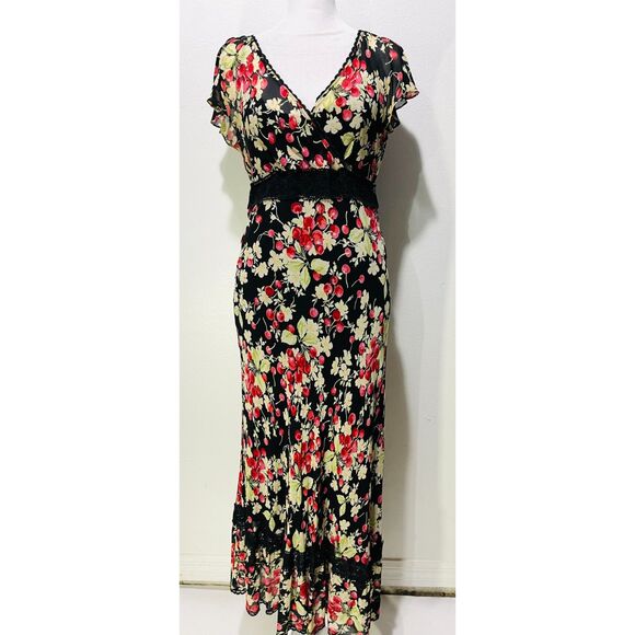 VTG maxi dress Y2K lace sherries empire waist asymmetric hem babydoll women S - Picture 1 of 10